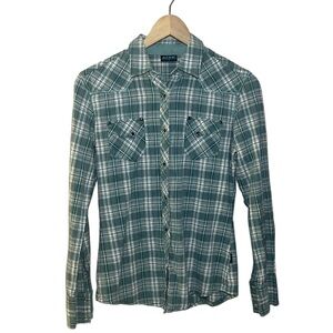Kuhl Women's Pearl Snap Plaid Hiking Shirt Outdoors Teal White Size Small